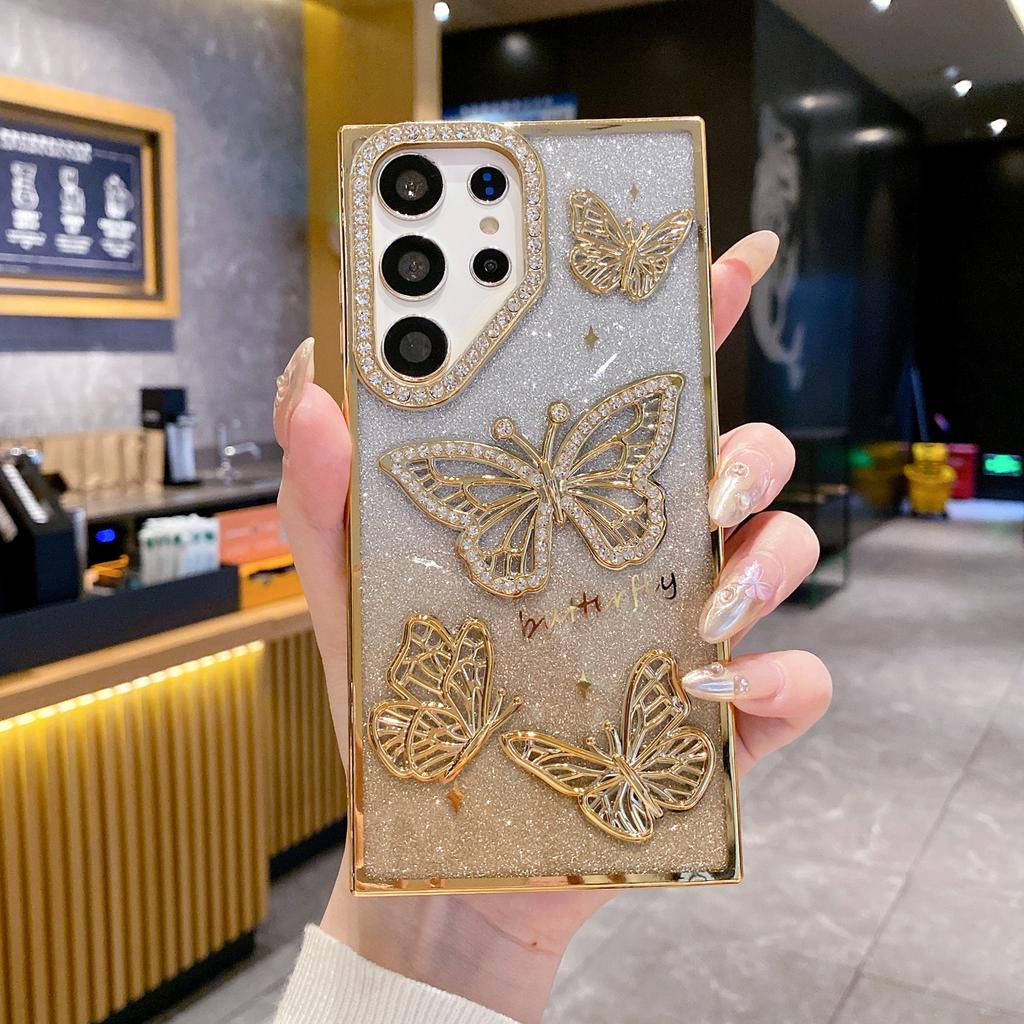 For Samsung Galaxy S26 Ultra Case Rhinestones Decor 3D Butterfly TPU Phone Cover with Glitter Paper
