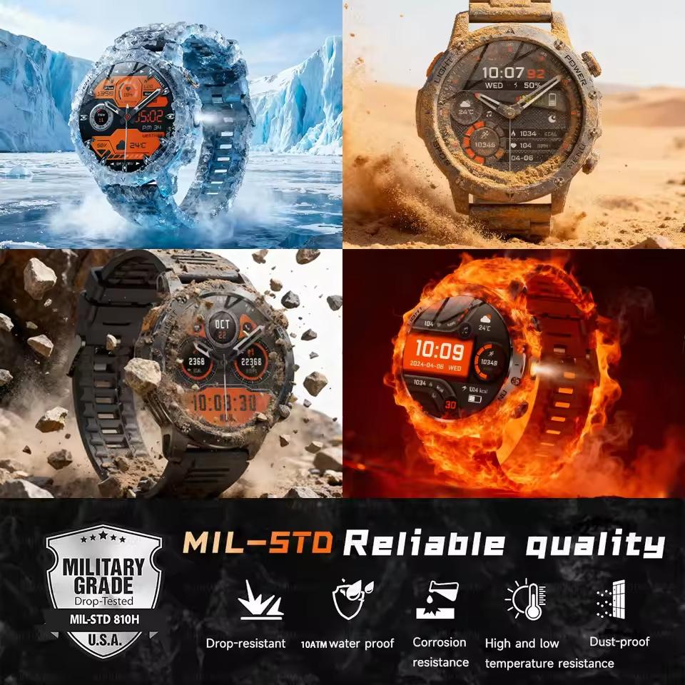New Military 1.7 inches SmartWatch 1000Mah Battery Fitness Tracking 10ATM Waterproof Sport Flashlight call Bracelet For Men
