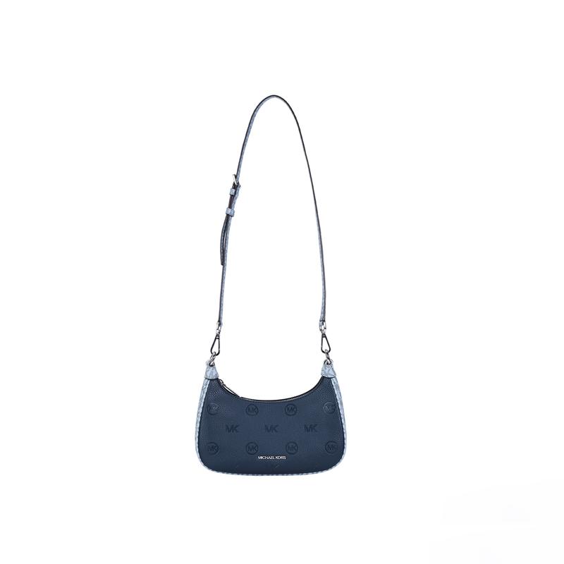 MICHAEL KORS Cora logo embossed zipper closure polyurethane handheld crossbody shoulder bag medium women's navy