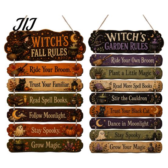 Halloween Door Sign Witch's Fall Rules Hanging Sign, Vintage Wood Wall Rustic Wooden Plaque Farmhouse Art for Outdoor Porch Yard, Home Decor