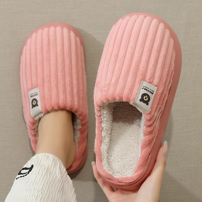 Home Cotton Slippers Winter Stripes Indoor Household Plush Warm Non-slip Bedroom Home Shoes