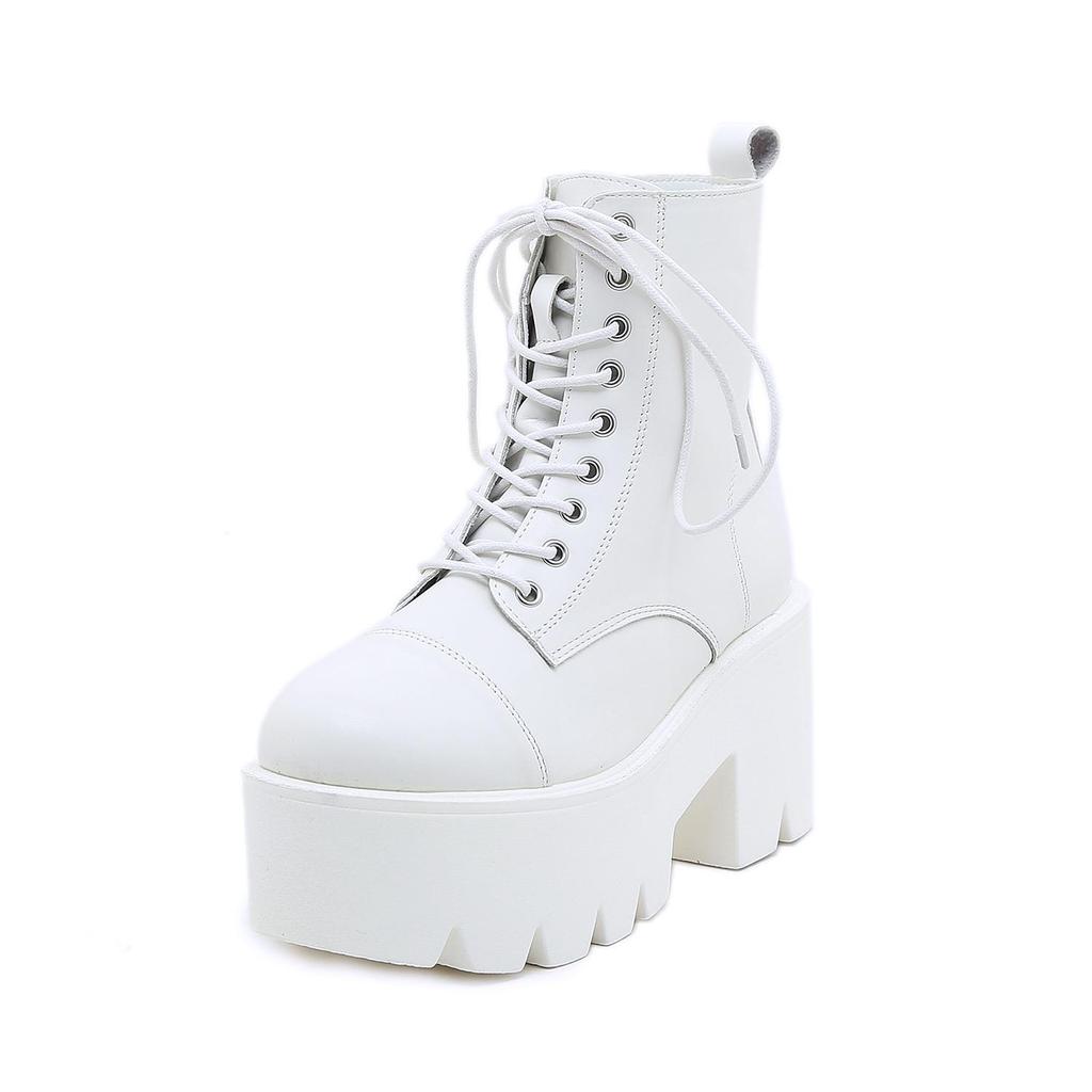 Ботинки на платформе и каблуке, белая модная обувь с перекрестной завязкой, женские ботильоны на каблуке с круглым носком, удобная обувь для студентов колледжа