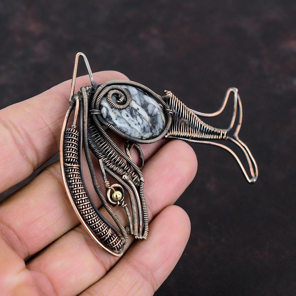 Pinolith Jasper Pendant Copper Wire Wrapped Pendant Handmade Copper Jewelry Gemstone Fish Pendant Dainty Pendant For Gift Wire Wrap Jewelry