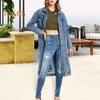 Women Retro Jacket Slim Fit Washed Denim Mid Length Turn-down Collar Button-down Long Sleeve Coat Solid Color with Chest Pockets Outerwear