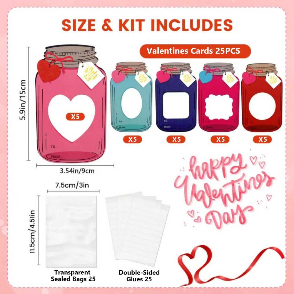 25/50Pcs Valentines Day Cards Clear Sealed Bags Heart Window Valentine Exchange Cards Kraft Paper Candy Packaging Bags
