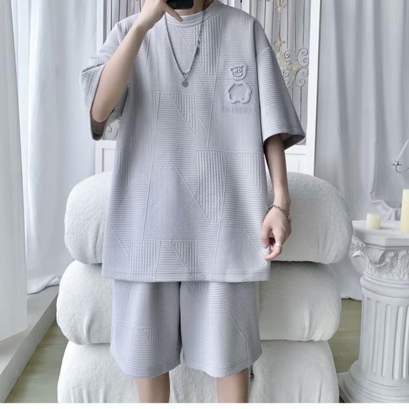 Мужской спортивный костюм, корейская уличная модная футболка, шорты, комплект из двух предметов, мужской топ в стиле ретро, ​​дизайнерская одежда для мужчин