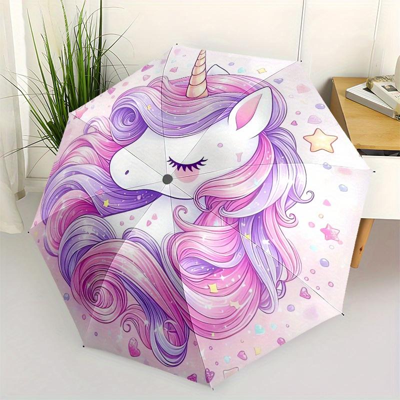 Unicorn Fantasy Automatic Folding Umbrella 8 Ribs, Durable Iron Frame, Bright Color Pattern Compact Travel Umbrella, Suitable for Outdoor,