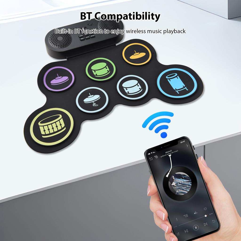 Electronic Drum Set with Speaker BT Hand Roll Drum Set 7 Pads Supports Various Audio Input 7 Drum