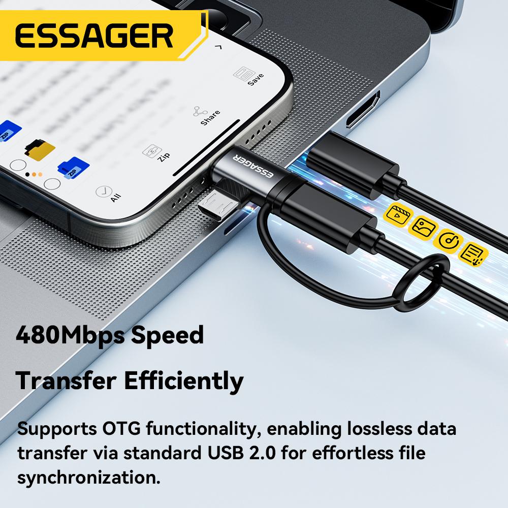 Essager Адаптер 2-в-1 Lightning/Micro USB Быстрая зарядка USB Type C Female Разъем для iPhone 17 16 15 14 13pro iPad Конвертер