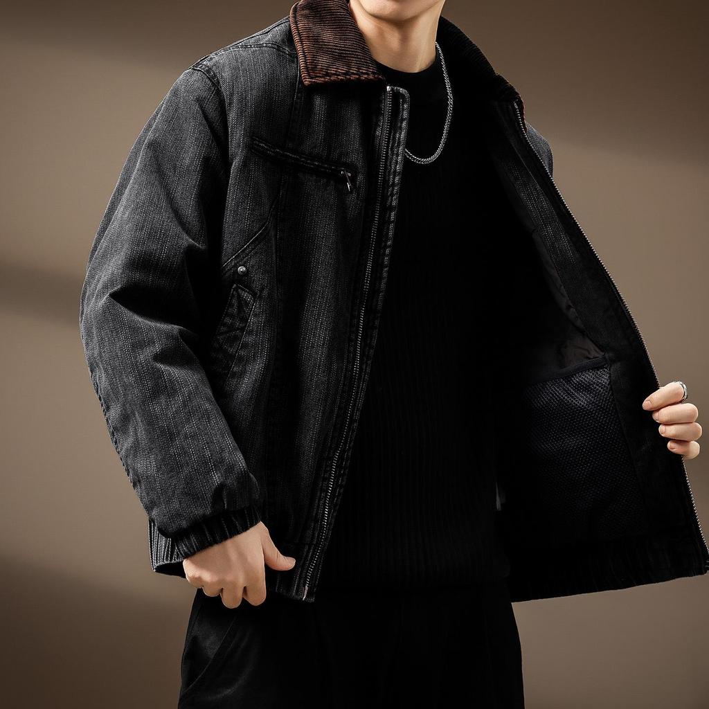 2025 Men's High-End Detroit Denim Workwear Jacket with White Duck Down Filling