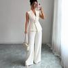 Women's Business 2 Piece Outfits Casual Sleeveless Blazer Vest Wide Leg Pants Suit Set Dressy Office Work Set