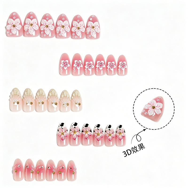 European & American Almond Shape 3D Pink Flower False Nails with Stickers