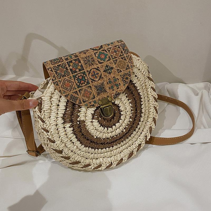 YOUHUAGUO Круглая соломенная сумка, женская тканая пляжная сумка через плечо, женская сумка из ротанга ручной работы на плечо, маленькая сумка в богемном дизайне