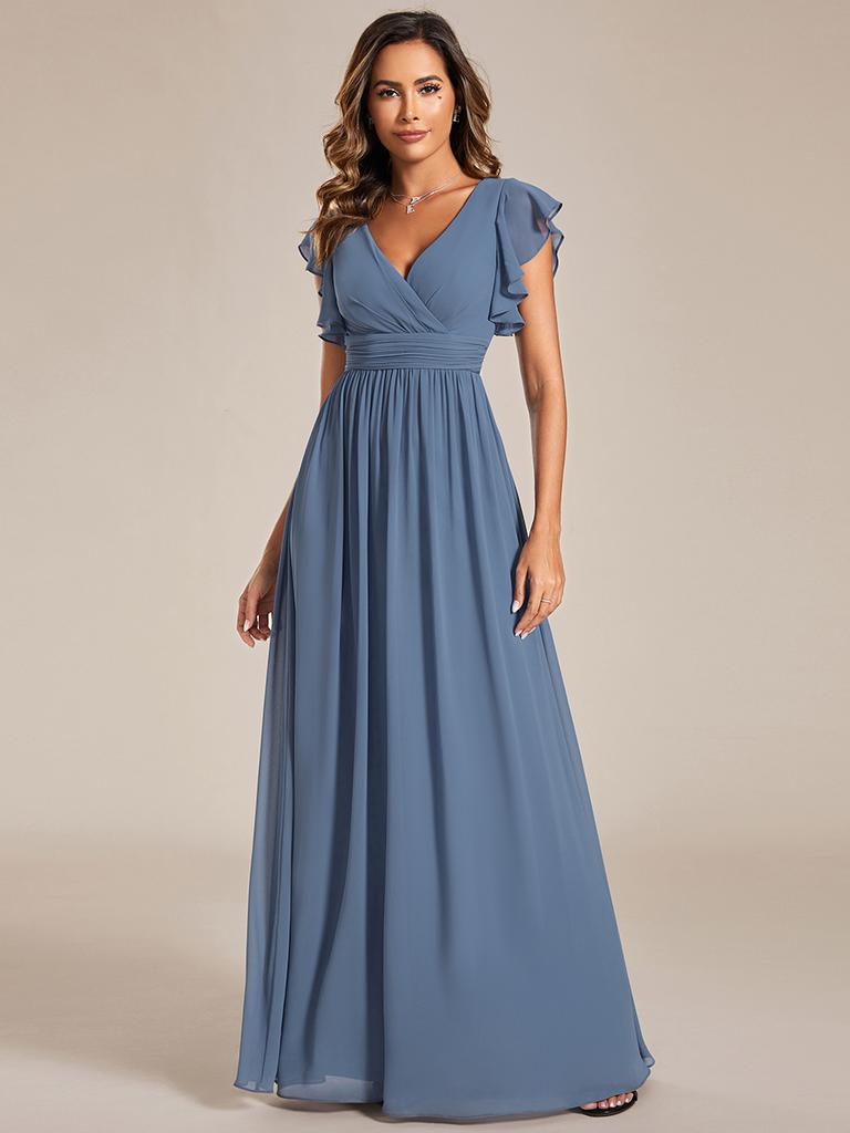 Ever-Pretty Women's A-Line V Neck Pleated Belted Ruffles Sleeves Open Back High Waist Bridesmaid Dresses
