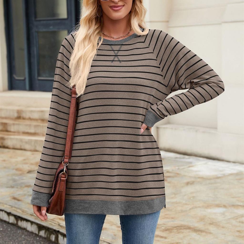 HNXC Женская мода повседневная осень-зима полосатый принт длинный рукав О-образный вырез блузки и рубашки