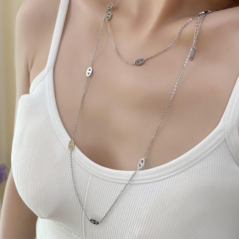 Elegant Double-Layer Titanium Steel Necklace: Women's Long, Non-Fading, Multi-Layered Sweater Chain