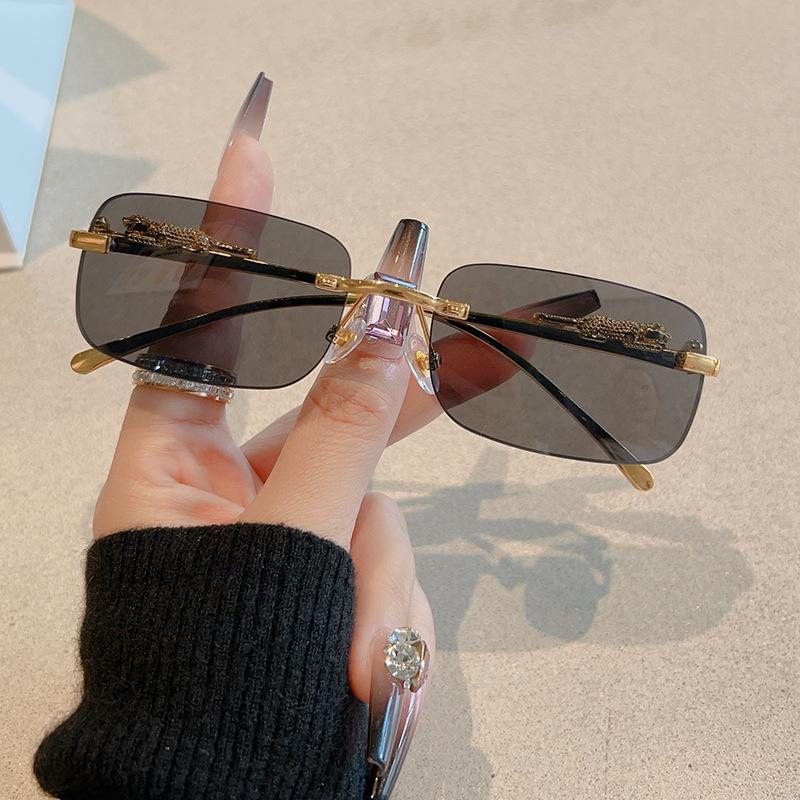 Vintage Rimless Cut Edge Sunglasses Luxury Golden Leopard Frame Uv400 Fashion Designer Shades