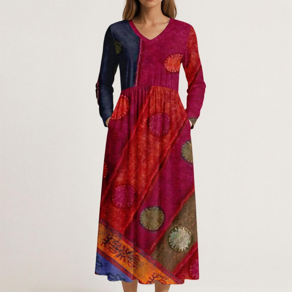 Платье для женщин длинное бохо пляжное платье элегантное макси-платье V-образный вырез длинный рукав платье с карманами