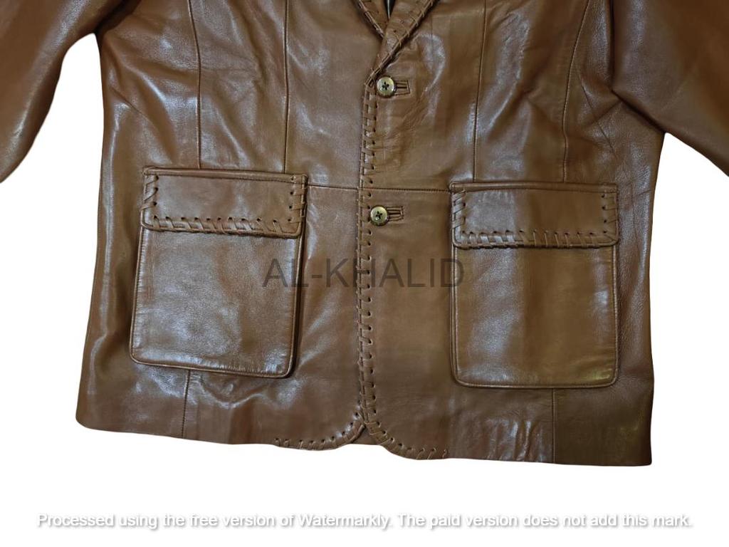 AL KHALID Men's Real Leather Blazer Brown Jacket Two Button Classic Party Club Coat