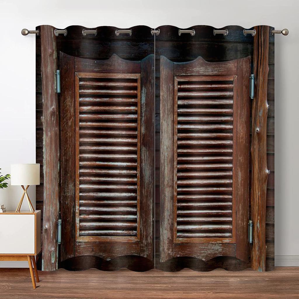 Rustic Wooden Blackout Curtains Vintage Barn Door Farmhouse Countryside Room Window Drapes For Bedroom Living Room High Shading