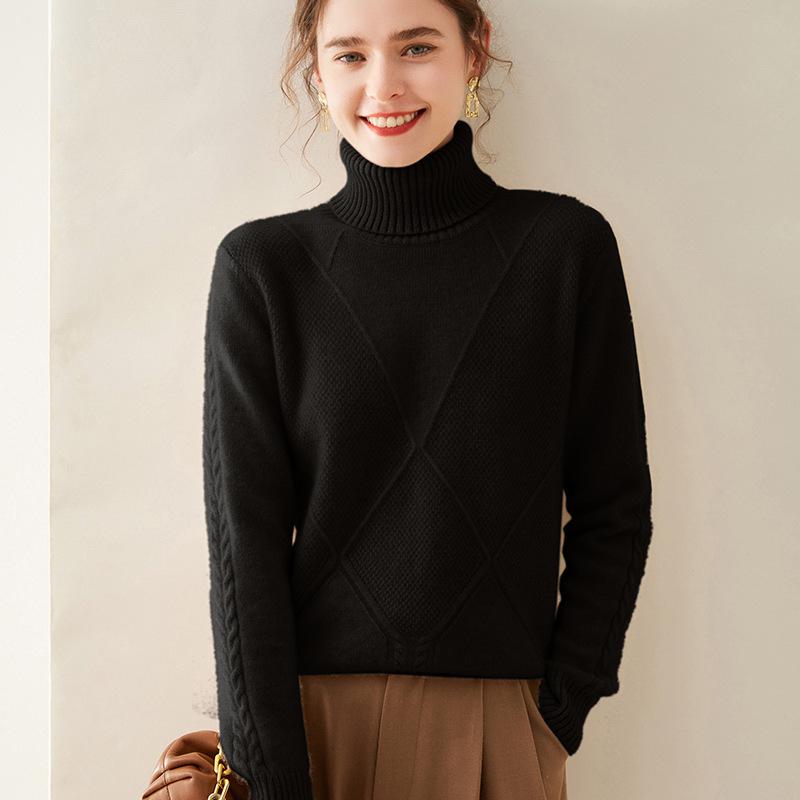 Женский кашемировый свитер с высоким воротником ромбовидной вязки - Плотный, стильный базовый слой для осенне-зимних нарядов