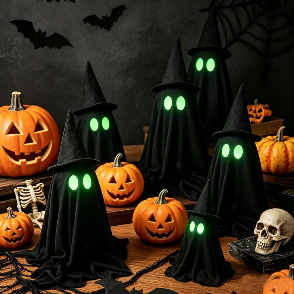 Glow in Dark Hooded Ghost Figurine Halloween Tabletop Decor Party Pub Bar Scene Decoration Black Skeleton Ornament