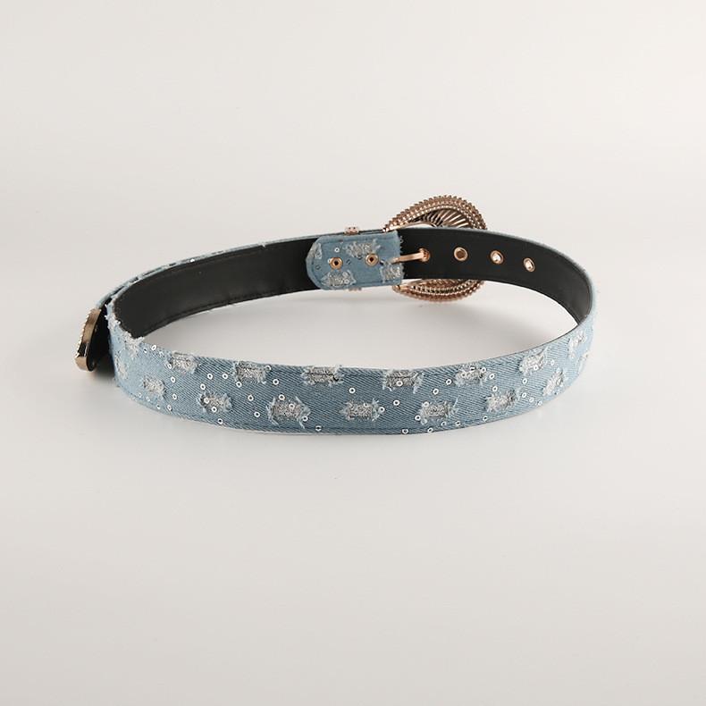 Retro Floral Embossed Denim Belt Unique Leather Belt Decoration Versatile Needle Buckle Belt Trendy Waistband