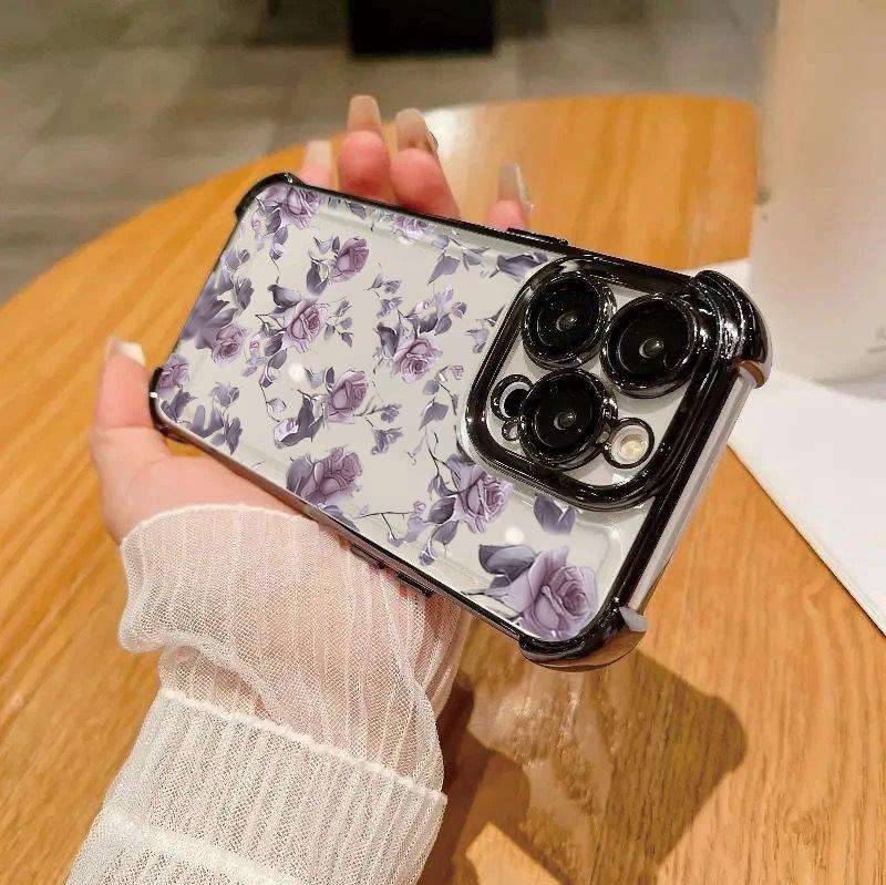 Чехол для iPhone 14 13 Pro Max 6 7 8 Plus 17 Air X XR XS Max Покрытие фиолетовые Цветы Ударопрочный Прозрачный Мягкий Чехол