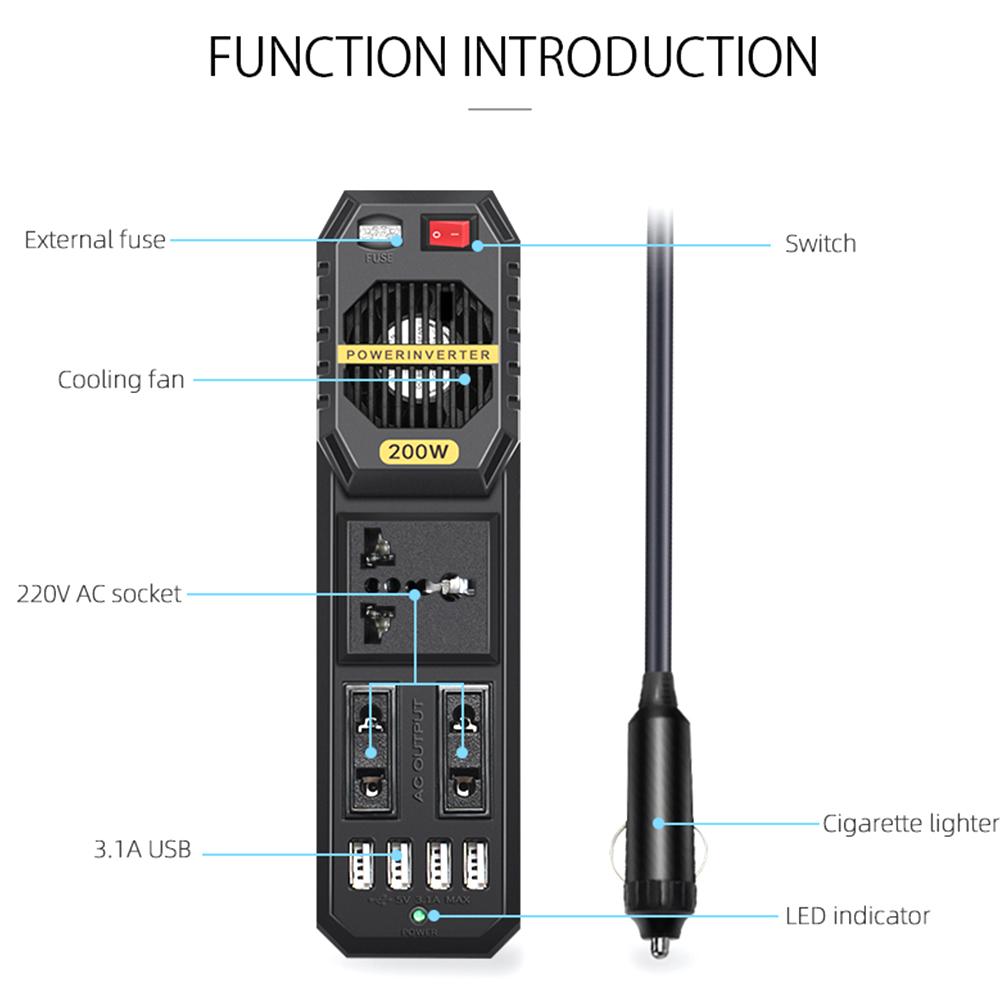 200 Вт Автомобильный инвертор DC 12 В в AC 220 В Адаптер Зарядное устройство Гнездо Автоматический преобразователь мощности USB Мобильный телефон Быстрая зарядка Автомобильный инвертор