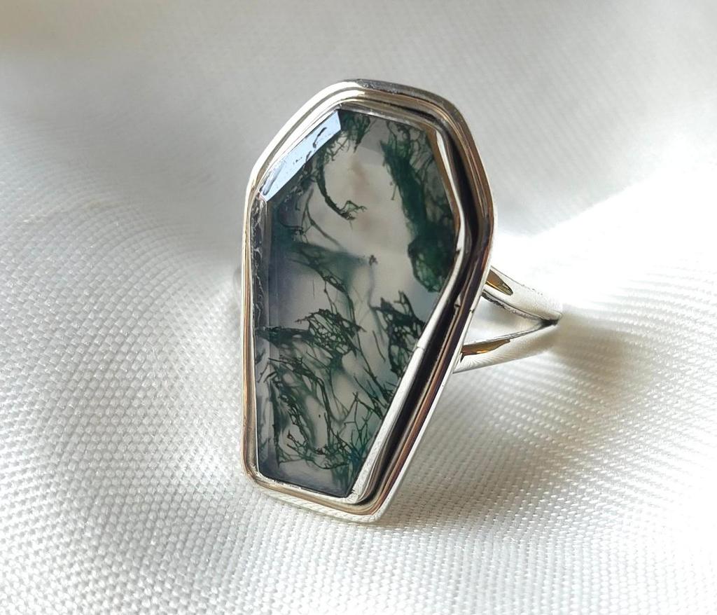 Coffin Ring, Moss Agate Ring, 925 Sterling Solid Silver Ring, Handmade Jewelry, Boho Ring, Green Gemstone Ring, Statement Ring, Promise Ring