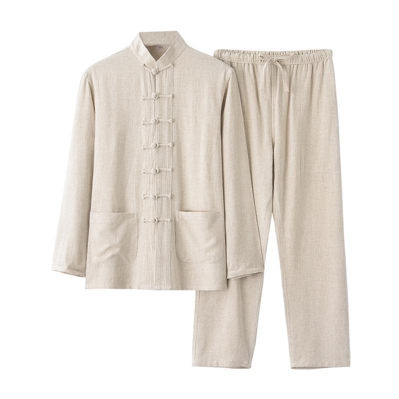 Мужской хлопково-льняной костюм Тан с длинным рукавом: Ретро китайский стиль, свободный крой для среднего и пожилого возраста, идеально подходит для тай-чи.