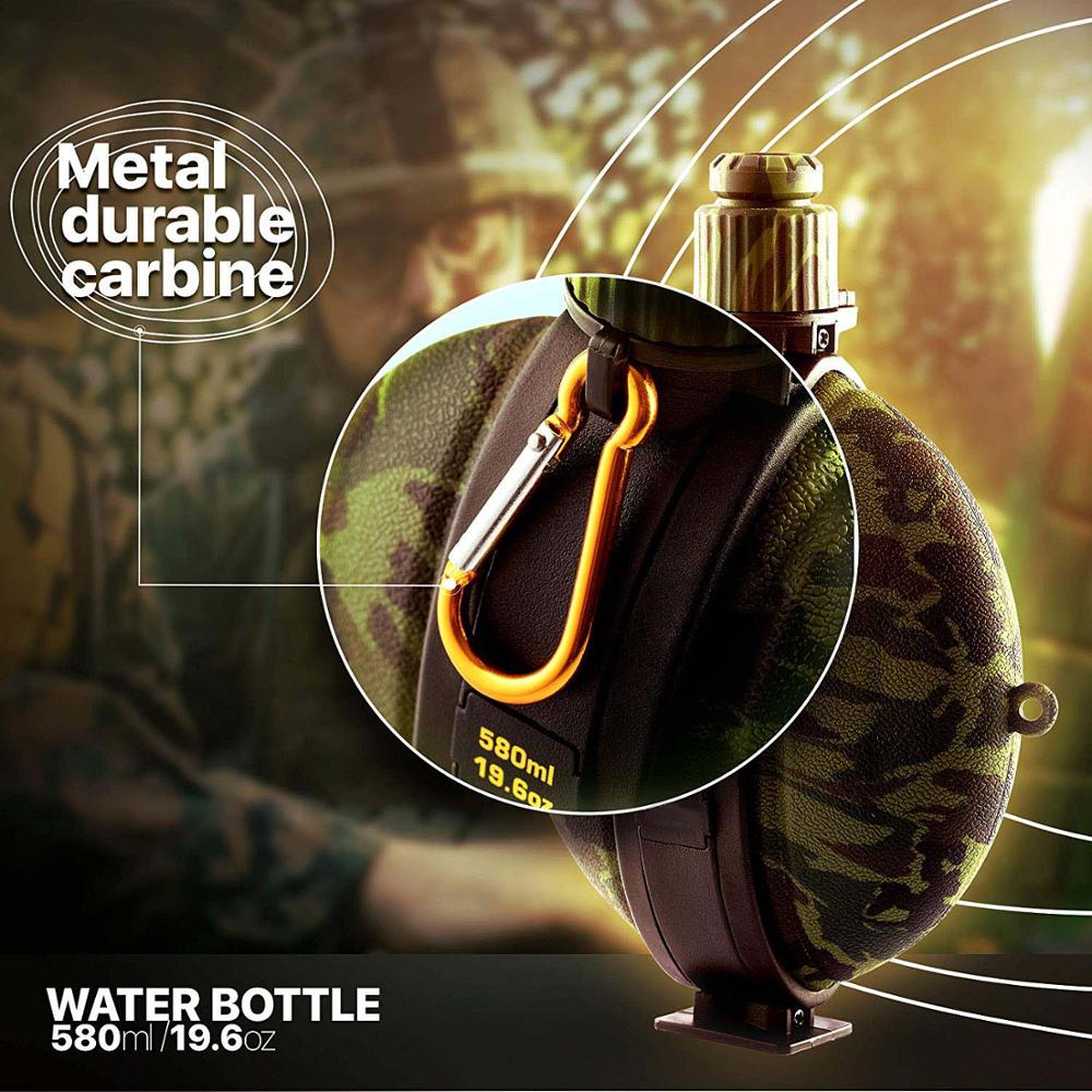 580ML Collapsible Military Water Bottle FDA Food Grade Silicone Water Kettle Canteen with Compass Bottle Cap for Hiking Camping