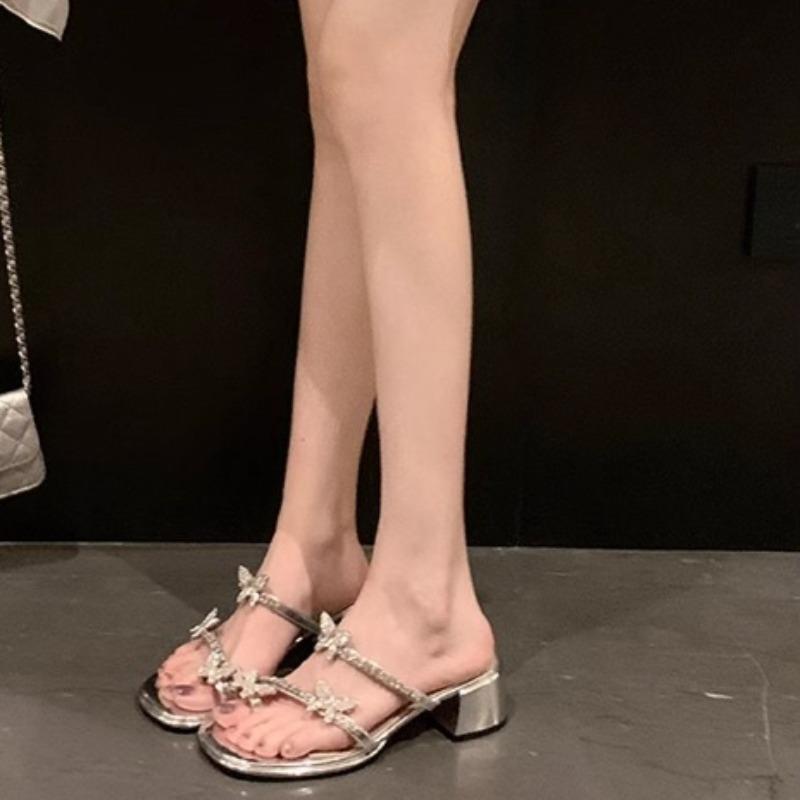 Модные женские шлепанцы на блочном каблуке, летние новые, с круглым носком, открытым носком, пайетками и бантом, нескользящие, износостойкие вязаные туфли