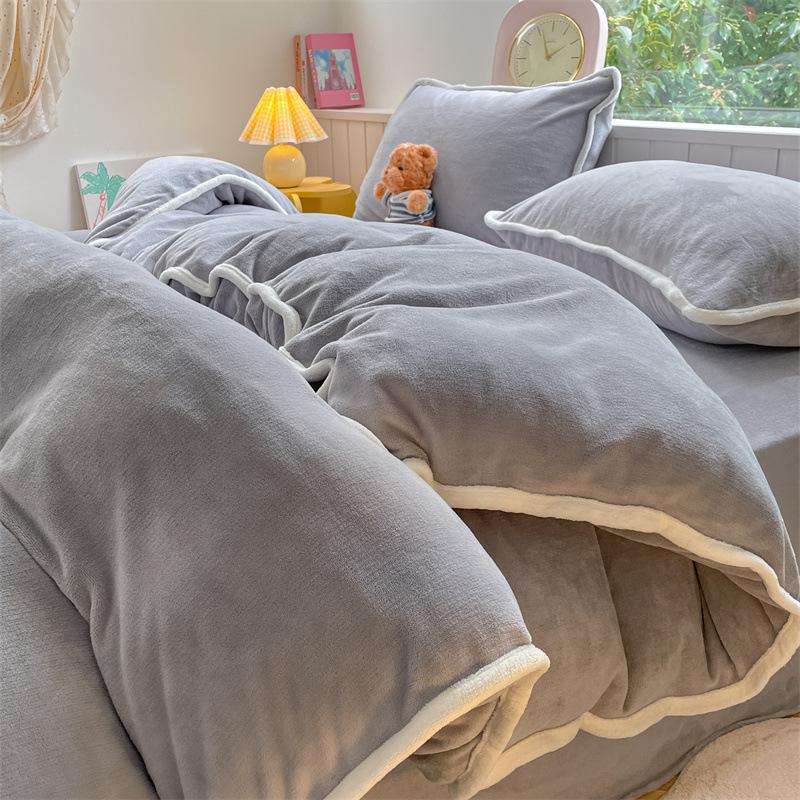 Thickened Milk Fleece Four-Piece Set, Solid Color Coral Fleece Bed Sheet Quilt Cover, Fleece Bedding Three-Piece Set