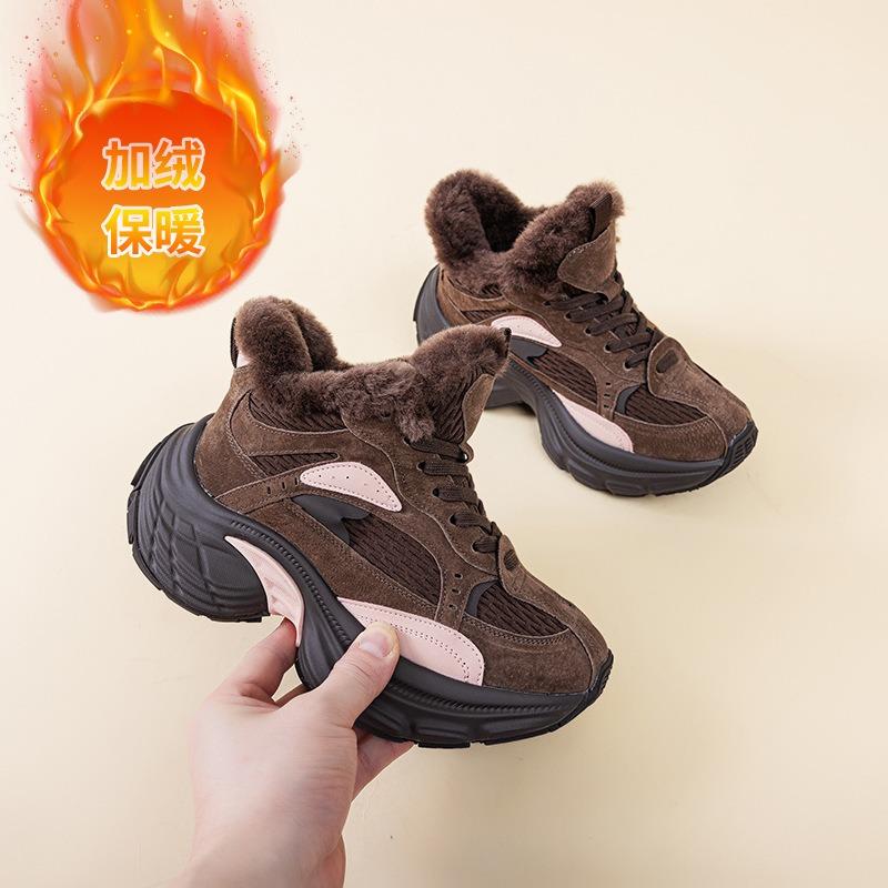 Зимние новые женские черные плюшевые повседневные пушистые туфли на толстой подошве, кроссовки-маффины