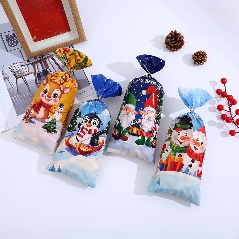 50/100PCS Christmas Candy Bag Biscuit Plastic Handbag Cartoon Elk Snow Man Pattern Christmas Party Packaging Bag Xmas Supplies