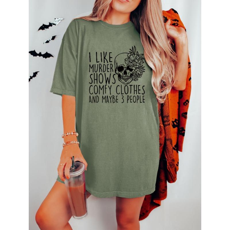 Хэллоуин Череп Принт Буквы Повседневные Футболки Свободный Крой Рукава Летучая Мышь Большие Размеры Женская Мода Дышащие Хэллоуин Костюмы