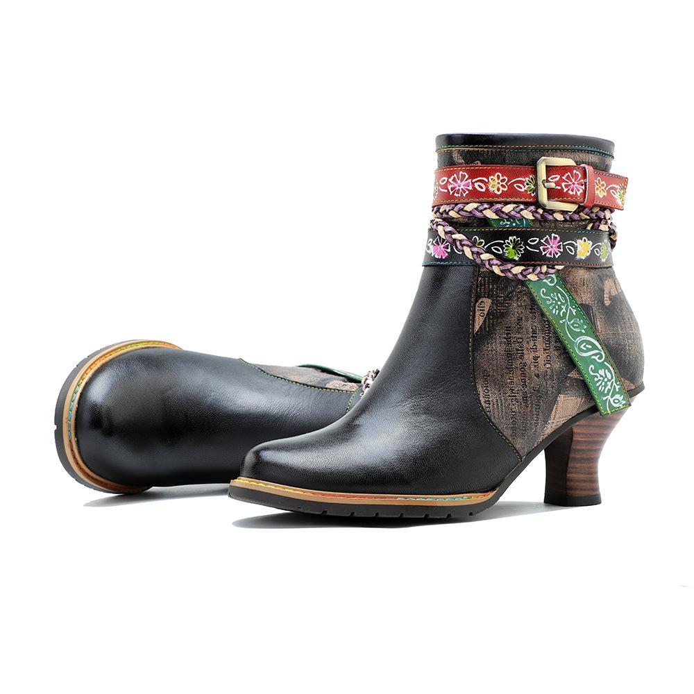 Johnature Женские короткие сапоги из натуральной кожи, тканый ремень с пряжкой в ​​стиле ретро, ​​модная женская обувь на высоком каблуке