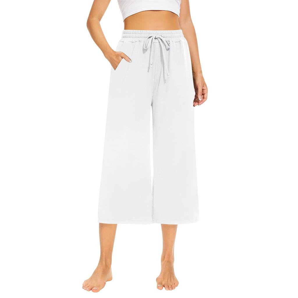 Женские свободные укороченные брюки, широкие брюки для йоги на шнурке, удобные брюки с карманами