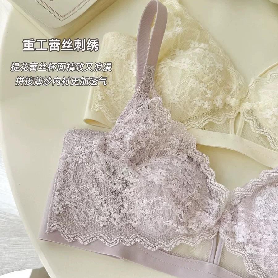 French lace crystal cup big chest small underwear women's summer thin and thin without steel ring collection sub-breasts rabbit ears cup bra