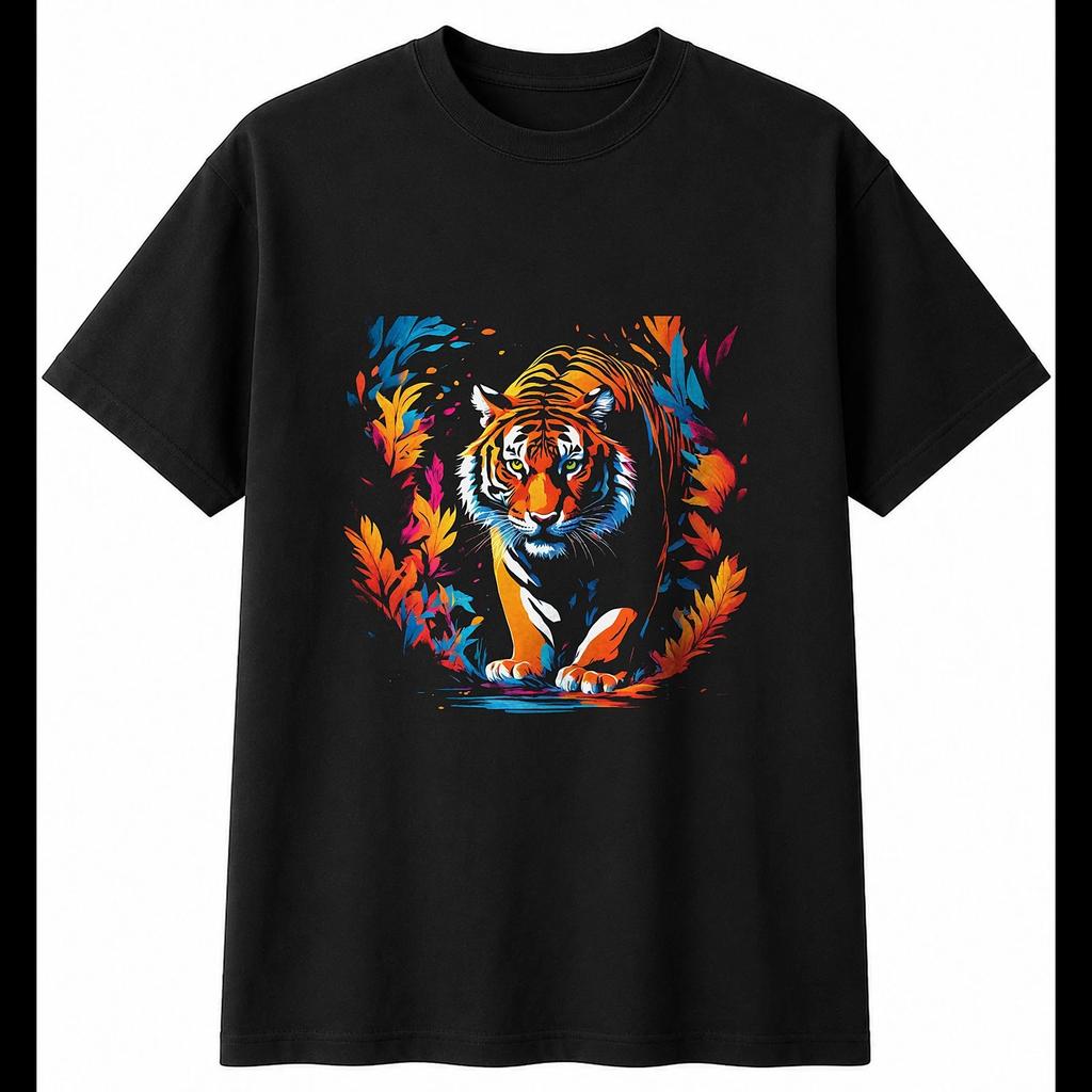Psychedelic Tiger in Nature Wildlife Mens T-Shirt Black 100% Cotton Printed