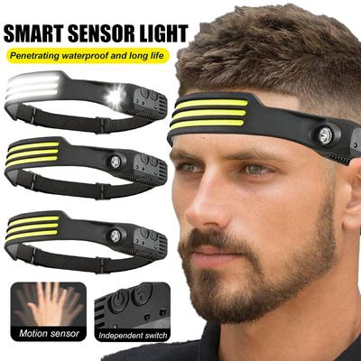 Налобный светодиодный датчик света, налобный фонарь, перезаряжаемый через USB, встроенный аккумулятор, фонарик, 5 режимов освещения, водонепроницаемая фара