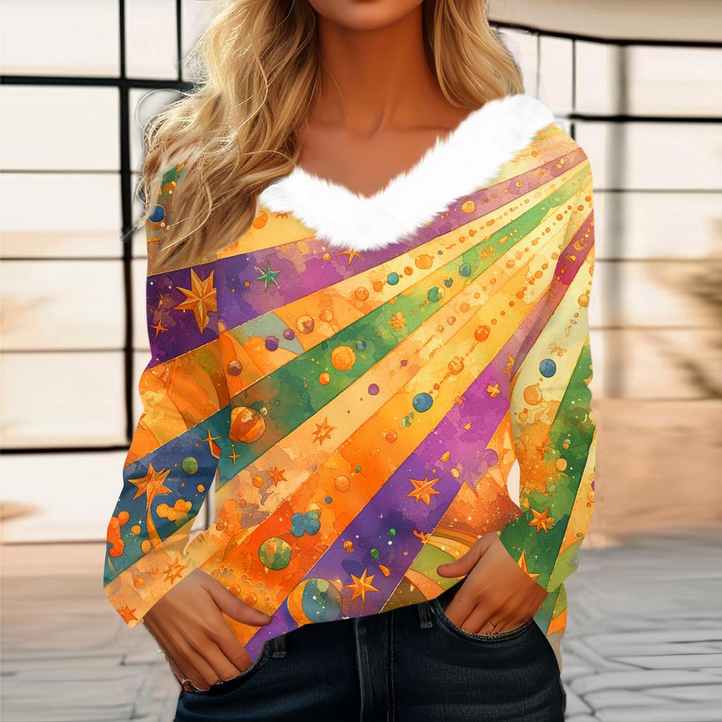 Женский свободный повседневный топ с длинными рукавами и принтом из плюша с V-образным вырезом, топ с длинными рукавами