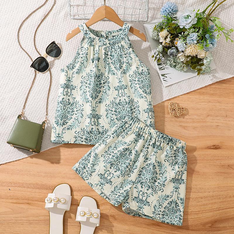 Костюм для девочек, летний детский повседневный комплект из двух предметов: топ без рукавов и шорты с винтажным принтом