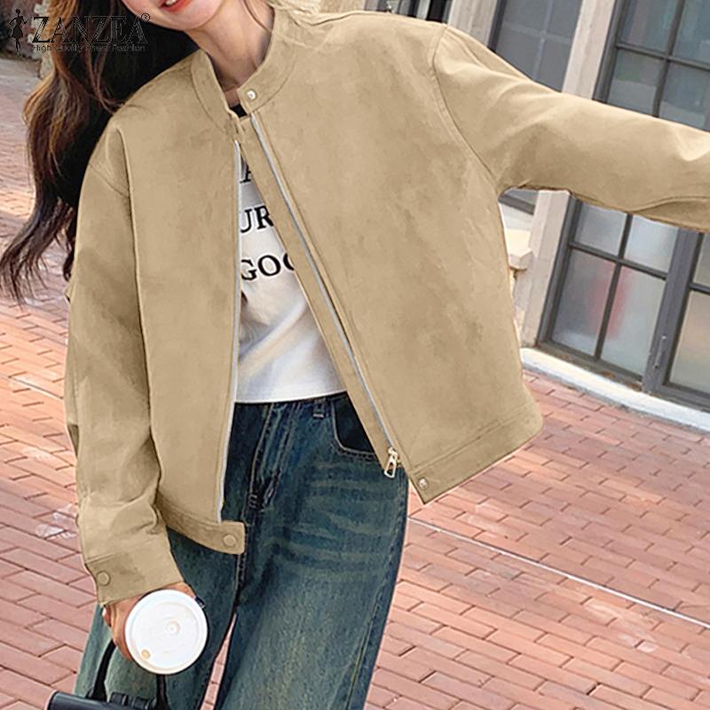 ZANZEA Женские осенние куртки с воротником-стойкой и длинным рукавом, свободные карманы
