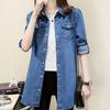 Classic Solid Long Sleeve Mid-length Denim Jacket For Women Rip Curl Cuff Blue Slim Blouse Office Work Lady Spring Jean Coat