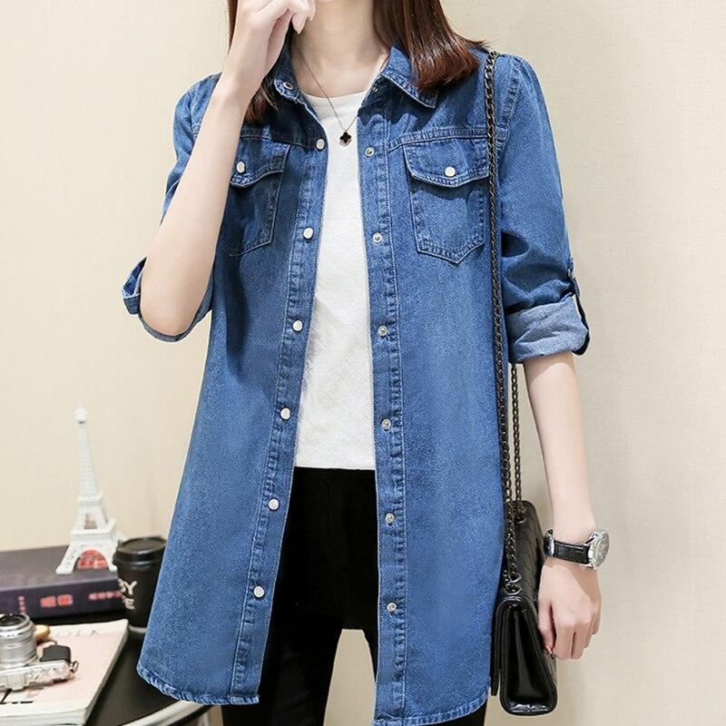 Classic Solid Long Sleeve Mid-length Denim Jacket For Women Rip Curl Cuff Blue Slim Blouse Office Work Lady Spring Jean Coat