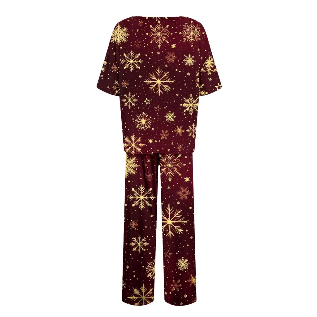 Женский шелковый атласный пижамный комплект с рождественским принтом, рубашка с коротким рукавом и длинные пижамные штаны, мягкая домашняя одежда