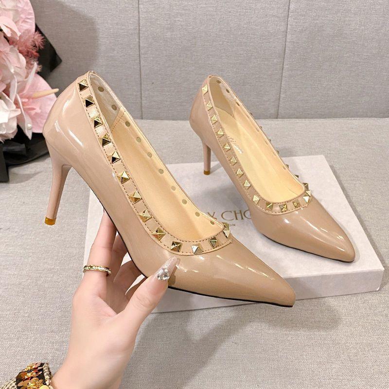 Rivet Beautiful High Heels Women's 2025 New French Design Patent Leather Niche Stiletto Shoes Pointed Temperament Single Shoes
