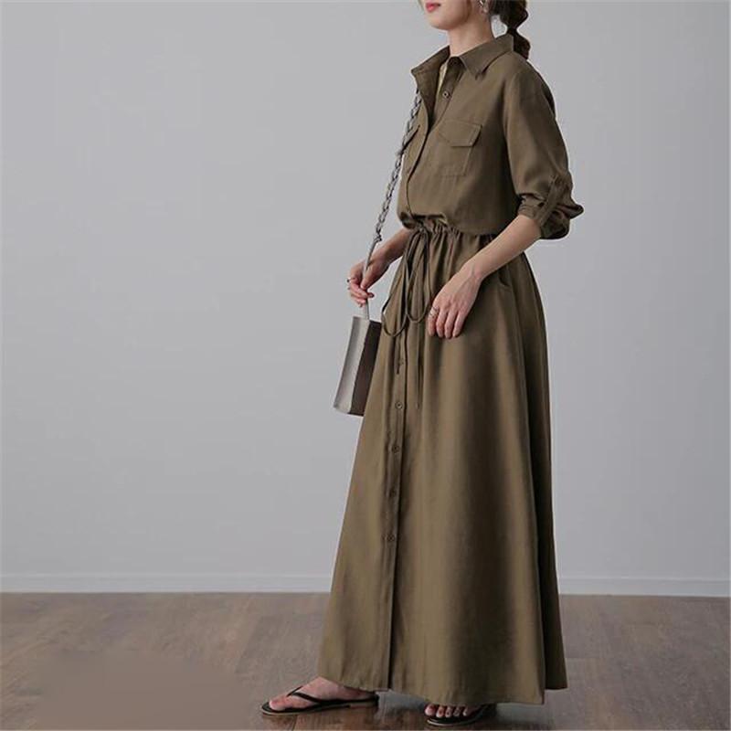 Женские весенние и осенние платья с лацканами и длинными рукавами, повседневные однотонные длинные платья-рубашки
